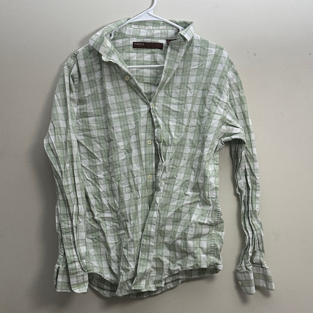 Perry Ellis Green and White Checkered Men's Shirt